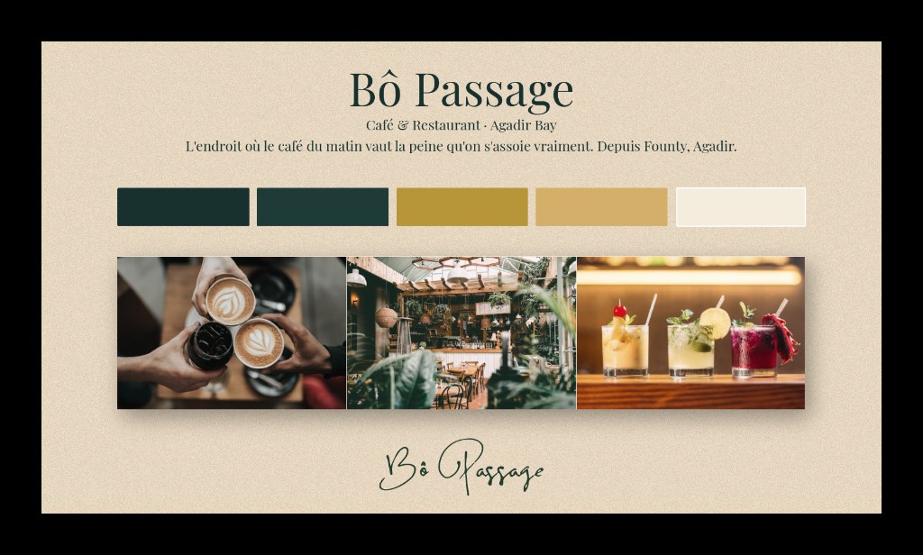 Bô Passage brand mood board with palette, photography, and typography