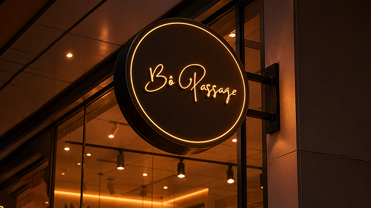 Bô Passage illuminated circular storefront signage at night