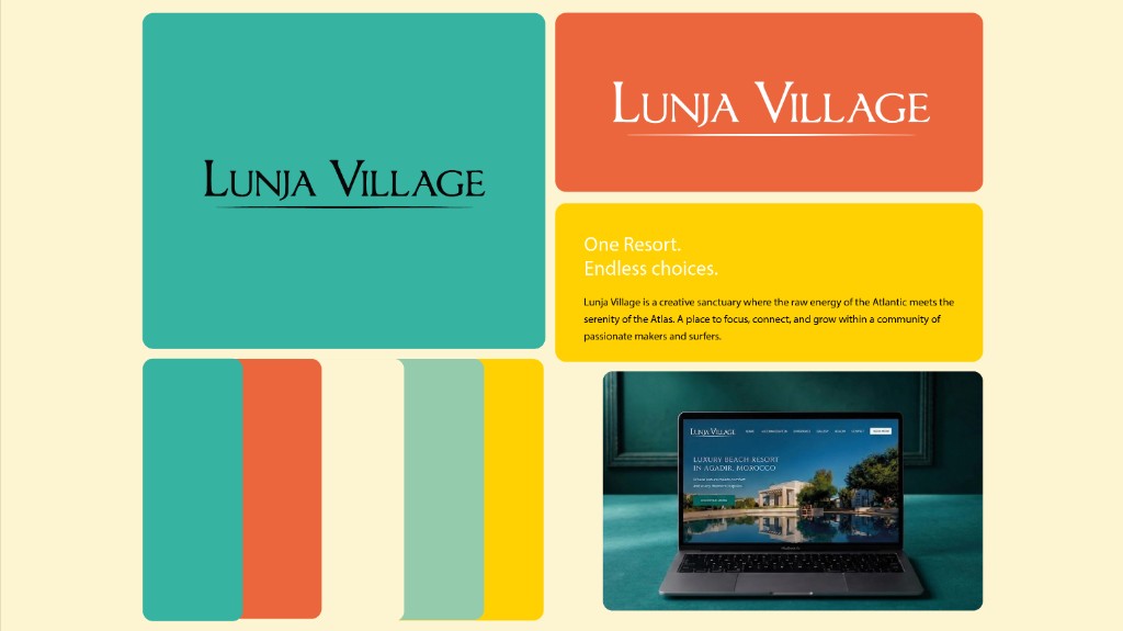 Lunja Village brand identity board with logo, palette, and messaging