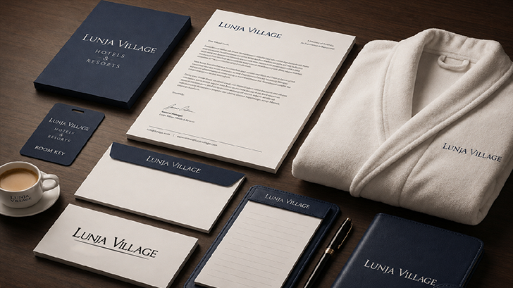 Lunja Village hotels and resorts brand stationery and amenities mockup