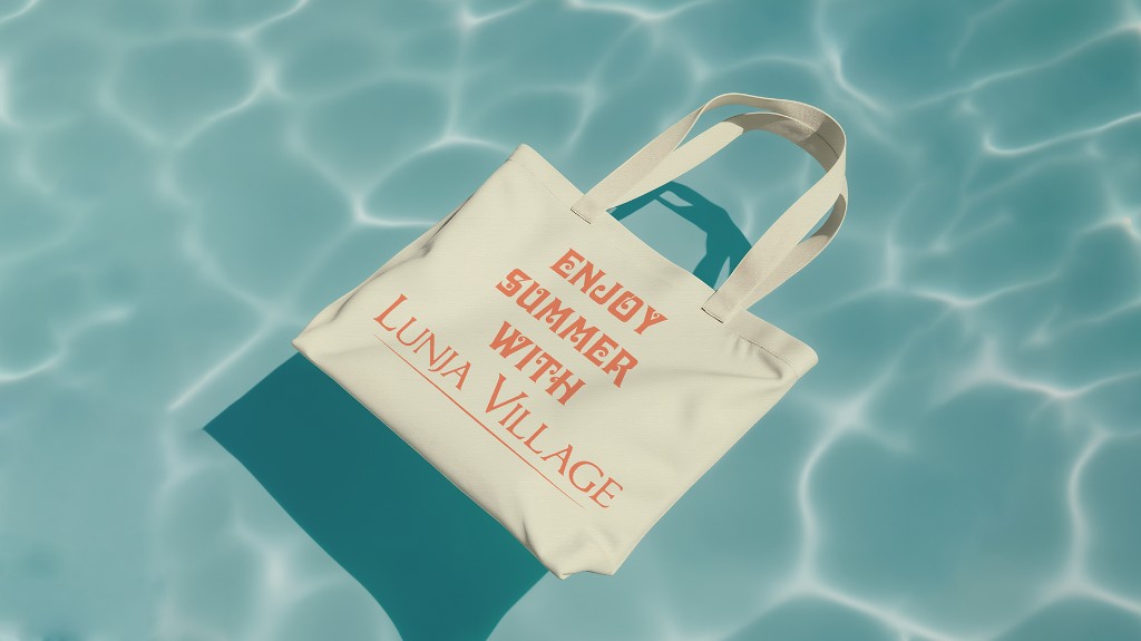 Lunja Village branded tote bag over pool water