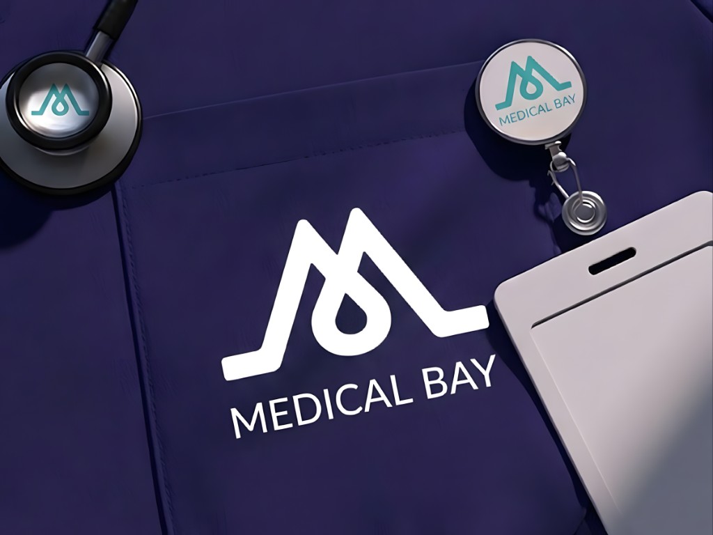Medical Bay brand on scrubs, stethoscope, and ID badge