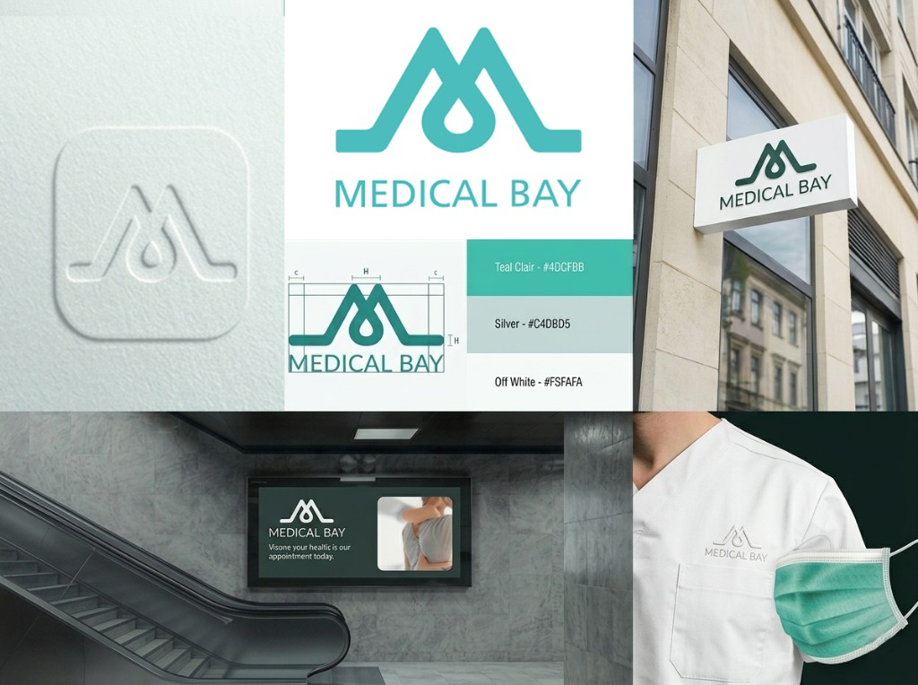 Medical Bay brand identity board with logo variations, palette, and mockups