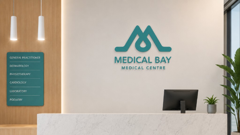 Medical Bay reception interior with marble desk and directory signage